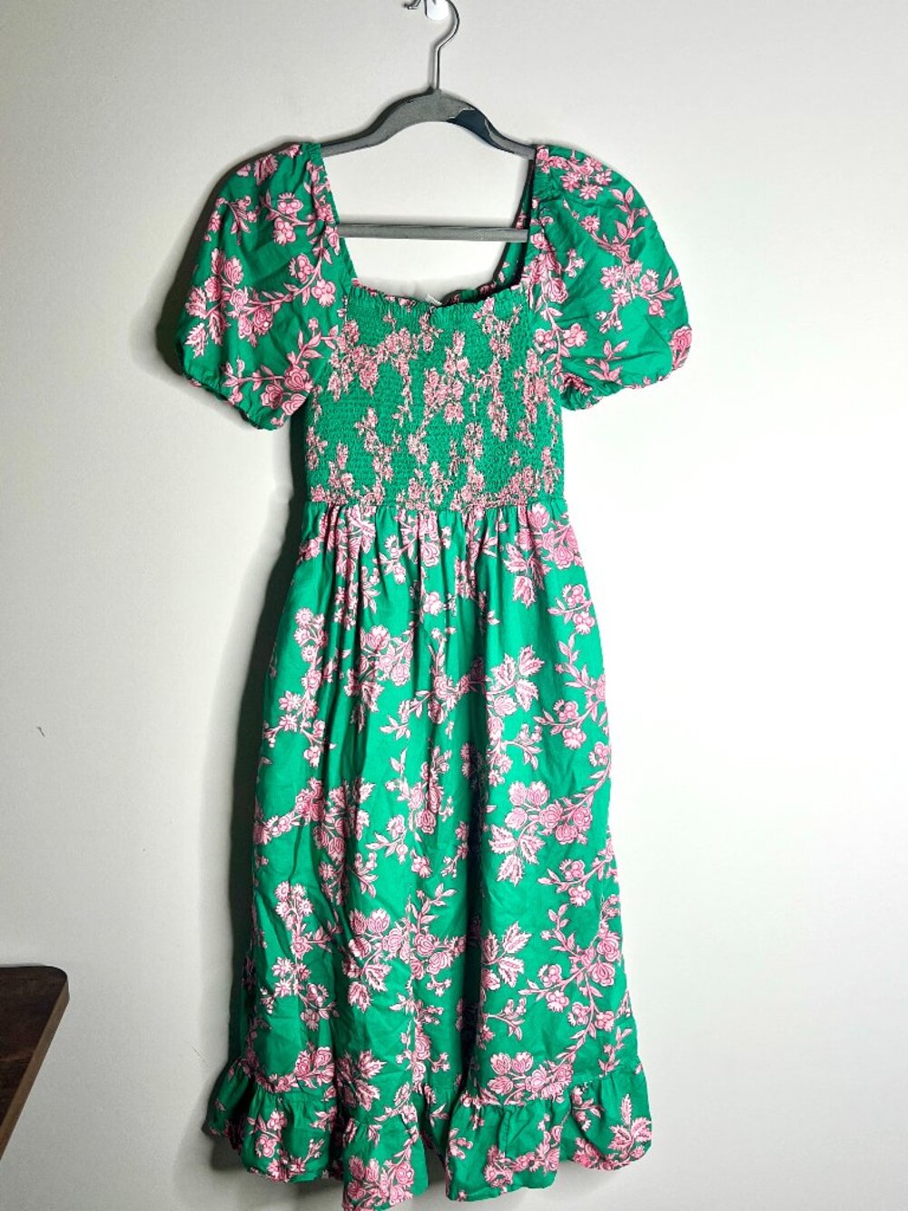 J. Crew Green Pink Floral Smocked Puff Sleeve A-Line Midi Dress Cottagecore XS